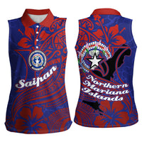 Saipan Northern Mariana Islands Women Sleeveless Polo Shirt Polynesian Tribal Tattoo Art With Hibiscus Flowers And Seal TS04 - Polynesian Pride