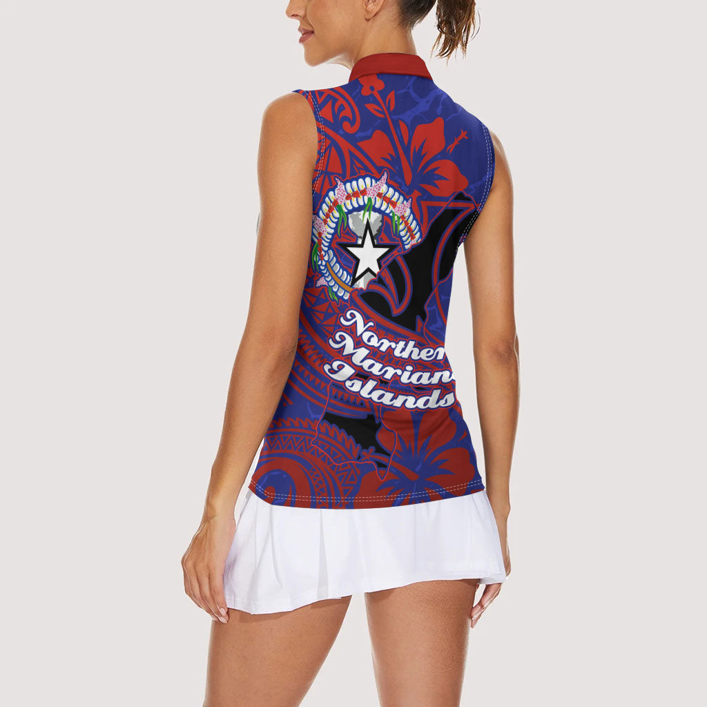 Saipan Northern Mariana Islands Women Sleeveless Polo Shirt Polynesian Tribal Tattoo Art With Hibiscus Flowers And Seal TS04 - Polynesian Pride