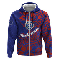 Saipan Northern Mariana Islands Zip Hoodie Polynesian Tribal Tattoo Art With Hibiscus Flowers And Seal TS04 Zip Hoodie Blue Red - Polynesian Pride
