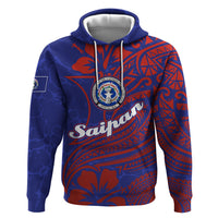 Saipan Northern Mariana Islands Zip Hoodie Polynesian Tribal Tattoo Art With Hibiscus Flowers And Seal TS04 Pullover Hoodie Blue Red - Polynesian Pride
