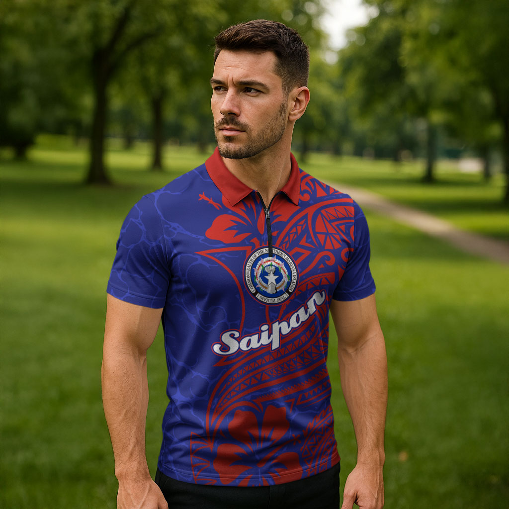 Saipan Northern Mariana Islands Zipper Polo Shirt Polynesian Tribal Tattoo Art With Hibiscus Flowers And Seal TS04 - Polynesian Pride