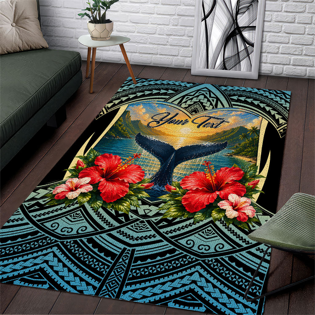 Personalized Masefau American Samoa Whale Area Rug Polynesian Tribal Pattern Tropical Hibiscus TS04 Black Blue - Polynesian Pride