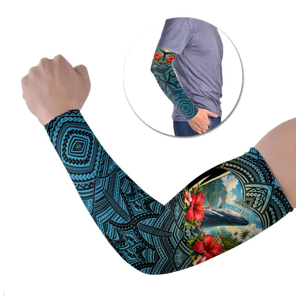 Personalized Masefau American Samoa Whale Arm Sleeves Polynesian Tribal Pattern Tropical Hibiscus TS04 Set of 2 Black Blue - Polynesian Pride