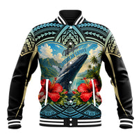 Personalized Masefau American Samoa Whale Baseball Jacket Polynesian Tribal Pattern Tropical Hibiscus TS04 Unisex Black Blue - Polynesian Pride