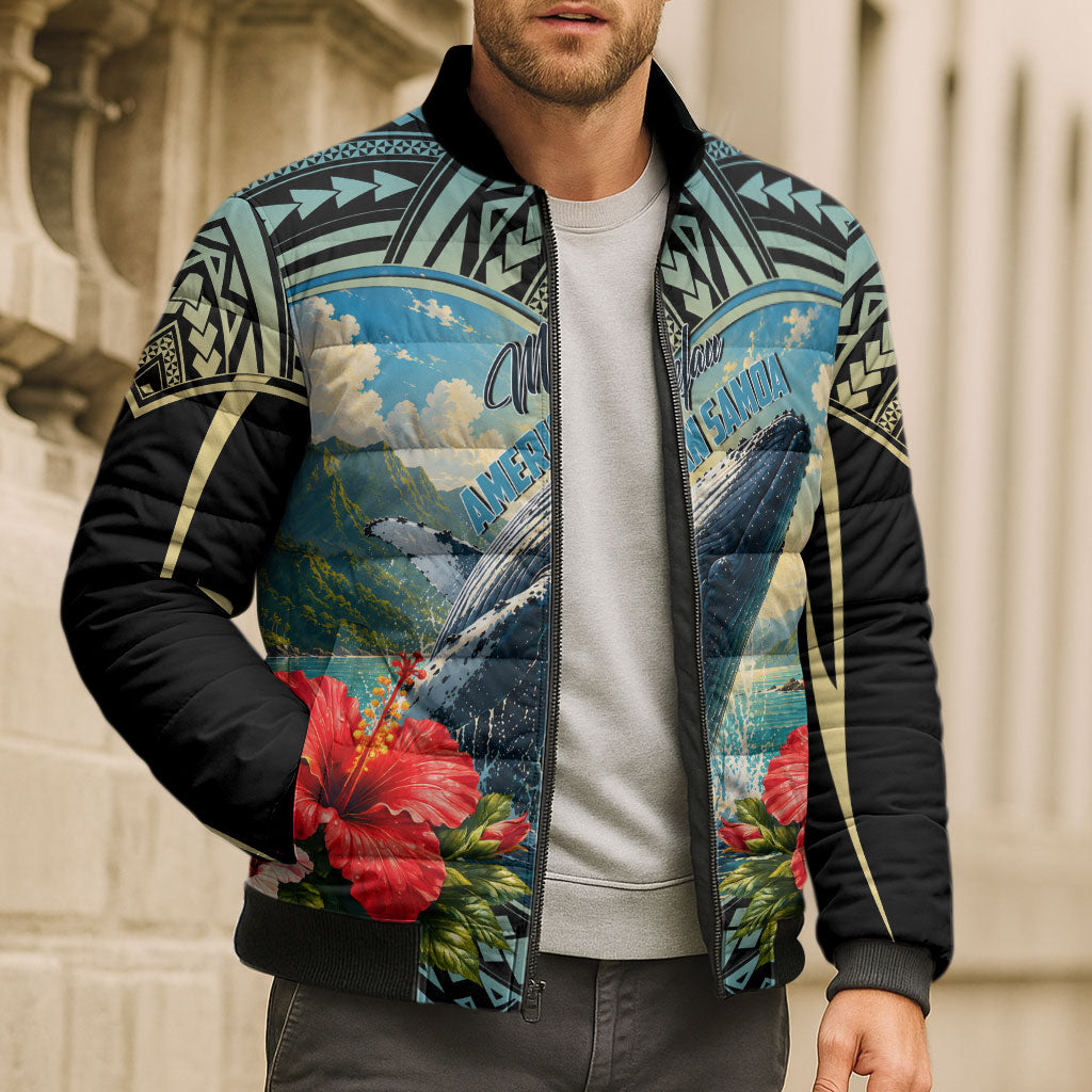 Personalized Masefau American Samoa Whale Bomber Puffer Jacket Polynesian Tribal Pattern Tropical Hibiscus TS04 - Polynesian Pride