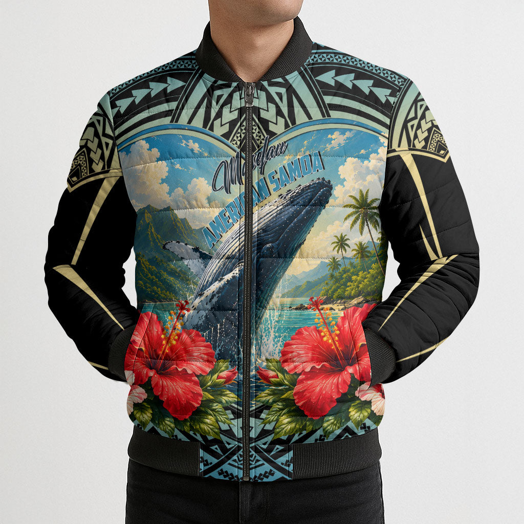 Personalized Masefau American Samoa Whale Bomber Puffer Jacket Polynesian Tribal Pattern Tropical Hibiscus TS04 - Polynesian Pride