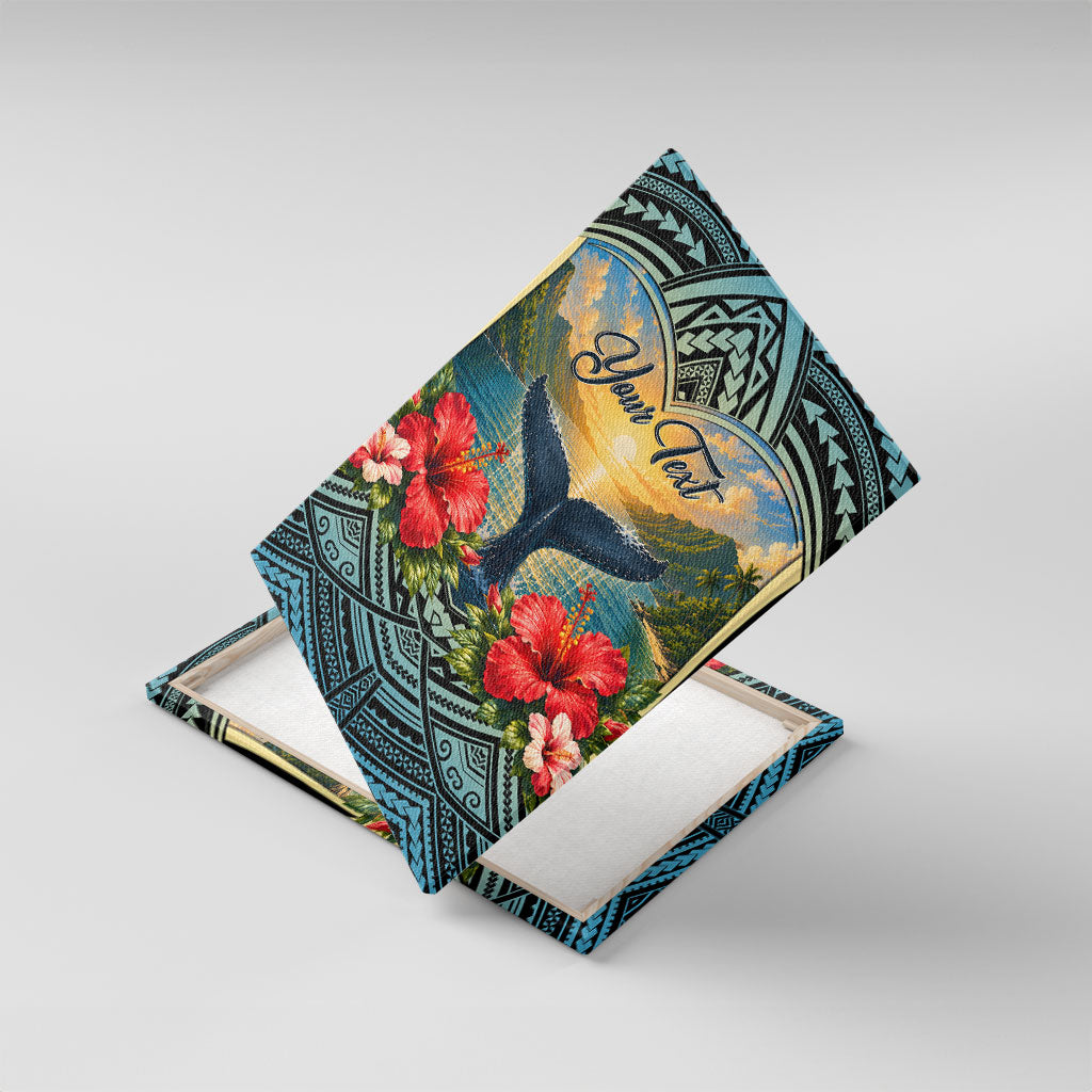 Personalized Masefau American Samoa Whale Canvas Wall Art Polynesian Tribal Pattern Tropical Hibiscus TS04 With Frame Black Blue - Polynesian Pride