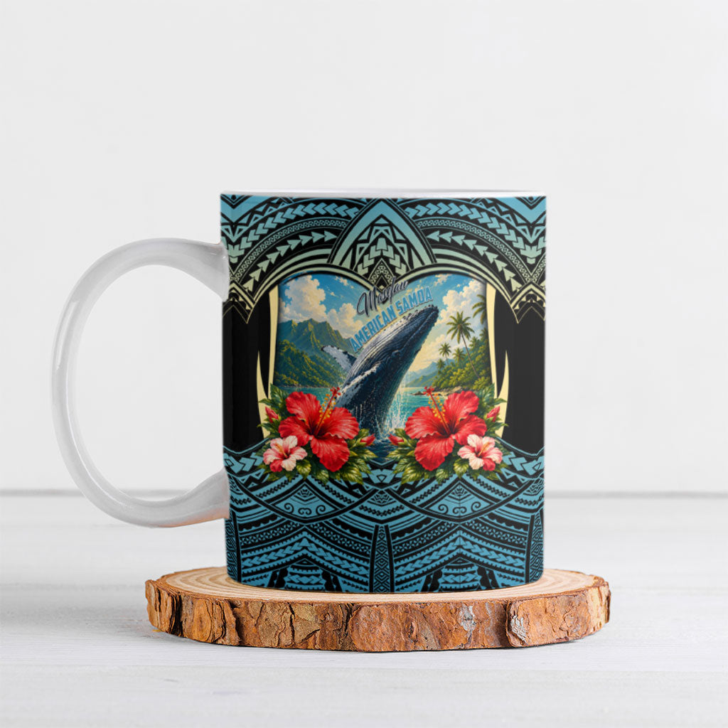 Personalized Masefau American Samoa Whale Ceramic Mug Polynesian Tribal Pattern Tropical Hibiscus TS04 Black Blue - Polynesian Pride