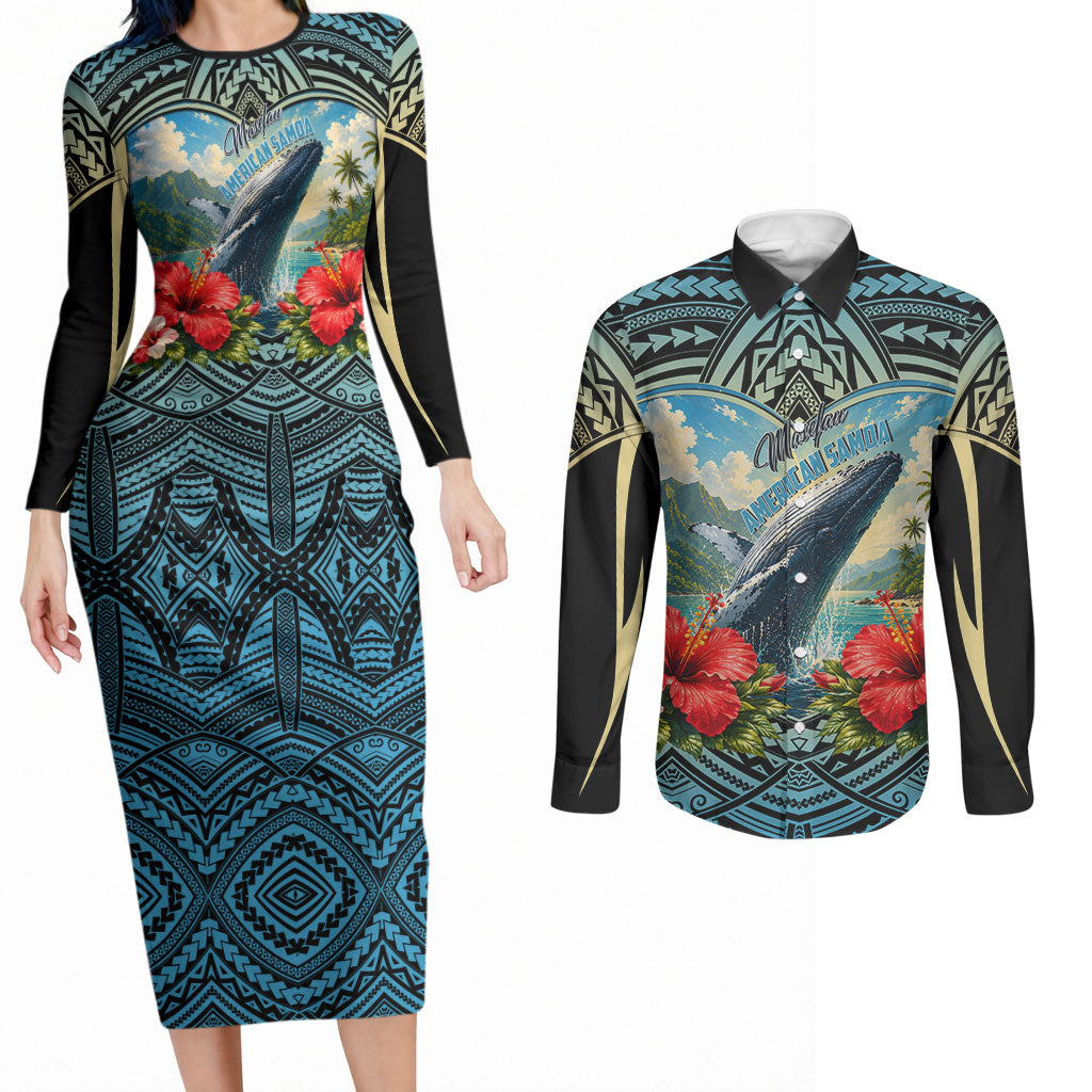 Personalized Masefau American Samoa Whale Couples Matching Long Sleeve Bodycon Dress and Long Sleeve Button Shirt Polynesian Tribal Pattern Tropical Hibiscus TS04 Black Blue - Polynesian Pride