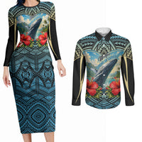Personalized Masefau American Samoa Whale Couples Matching Long Sleeve Bodycon Dress and Long Sleeve Button Shirt Polynesian Tribal Pattern Tropical Hibiscus TS04 Black Blue - Polynesian Pride
