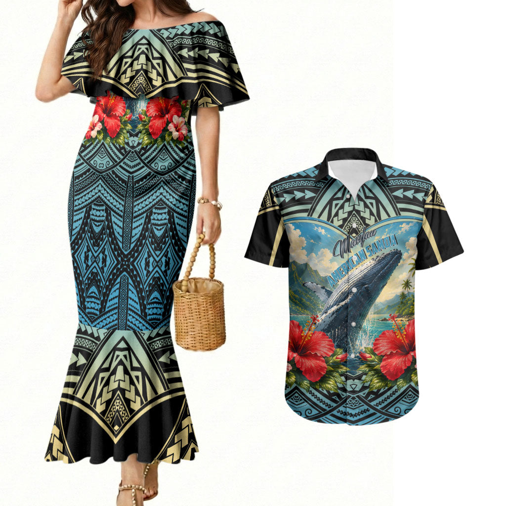 Personalized Masefau American Samoa Whale Couples Matching Mermaid Dress and Hawaiian Shirt Polynesian Tribal Pattern Tropical Hibiscus TS04 Black Blue - Polynesian Pride