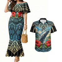 Personalized Masefau American Samoa Whale Couples Matching Mermaid Dress and Hawaiian Shirt Polynesian Tribal Pattern Tropical Hibiscus TS04 Black Blue - Polynesian Pride