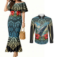 Personalized Masefau American Samoa Whale Couples Matching Mermaid Dress and Long Sleeve Button Shirt Polynesian Tribal Pattern Tropical Hibiscus TS04 Black Blue - Polynesian Pride