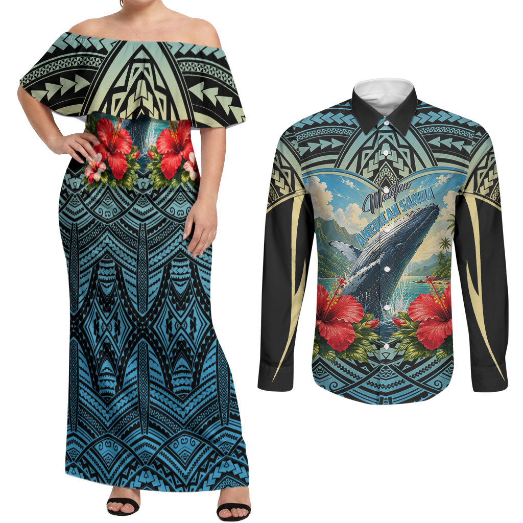 Personalized Masefau American Samoa Whale Couples Matching Off Shoulder Maxi Dress and Long Sleeve Button Shirt Polynesian Tribal Pattern Tropical Hibiscus TS04 Black Blue - Polynesian Pride