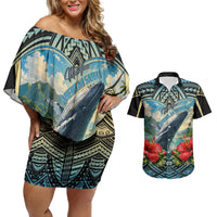 Personalized Masefau American Samoa Whale Couples Matching Off Shoulder Short Dress and Hawaiian Shirt Polynesian Tribal Pattern Tropical Hibiscus TS04 Black Blue - Polynesian Pride