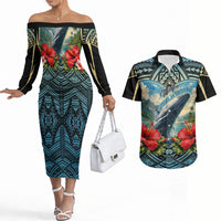 Personalized Masefau American Samoa Whale Couples Matching Off The Shoulder Long Sleeve Dress and Hawaiian Shirt Polynesian Tribal Pattern Tropical Hibiscus TS04 Black Blue - Polynesian Pride