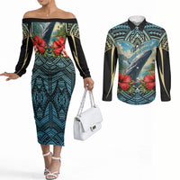 Personalized Masefau American Samoa Whale Couples Matching Off The Shoulder Long Sleeve Dress and Long Sleeve Button Shirt Polynesian Tribal Pattern Tropical Hibiscus TS04 Black Blue - Polynesian Pride