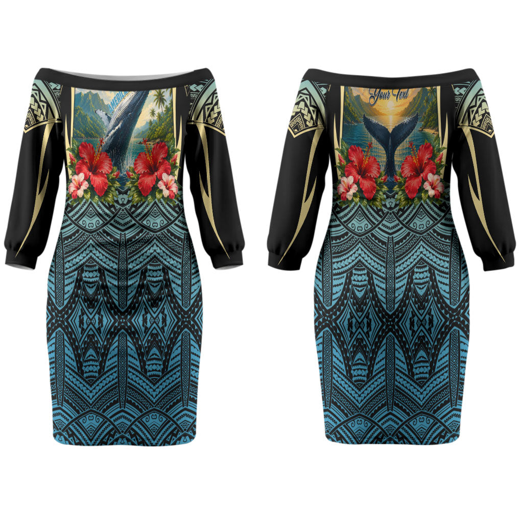 Personalized Masefau American Samoa Whale Couples Matching Off The Shoulder Long Sleeve Dress and Long Sleeve Button Shirt Polynesian Tribal Pattern Tropical Hibiscus TS04 - Polynesian Pride