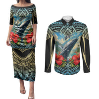 Personalized Masefau American Samoa Whale Couples Matching Puletasi and Long Sleeve Button Shirt Polynesian Tribal Pattern Tropical Hibiscus TS04 Black Blue - Polynesian Pride