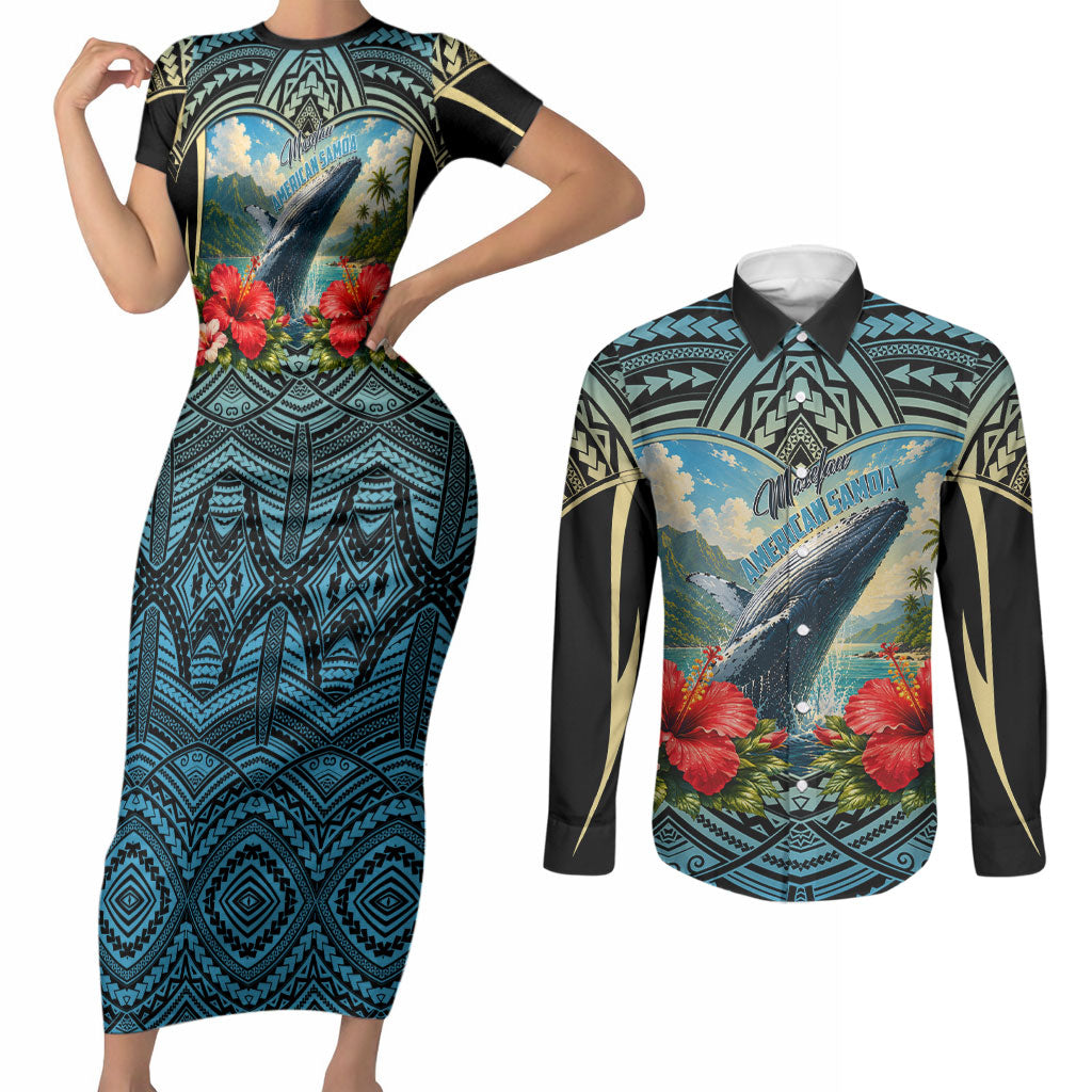 Personalized Masefau American Samoa Whale Couples Matching Short Sleeve Bodycon Dress and Long Sleeve Button Shirt Polynesian Tribal Pattern Tropical Hibiscus TS04 Black Blue - Polynesian Pride