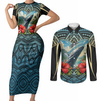 Personalized Masefau American Samoa Whale Couples Matching Short Sleeve Bodycon Dress and Long Sleeve Button Shirt Polynesian Tribal Pattern Tropical Hibiscus TS04 Black Blue - Polynesian Pride