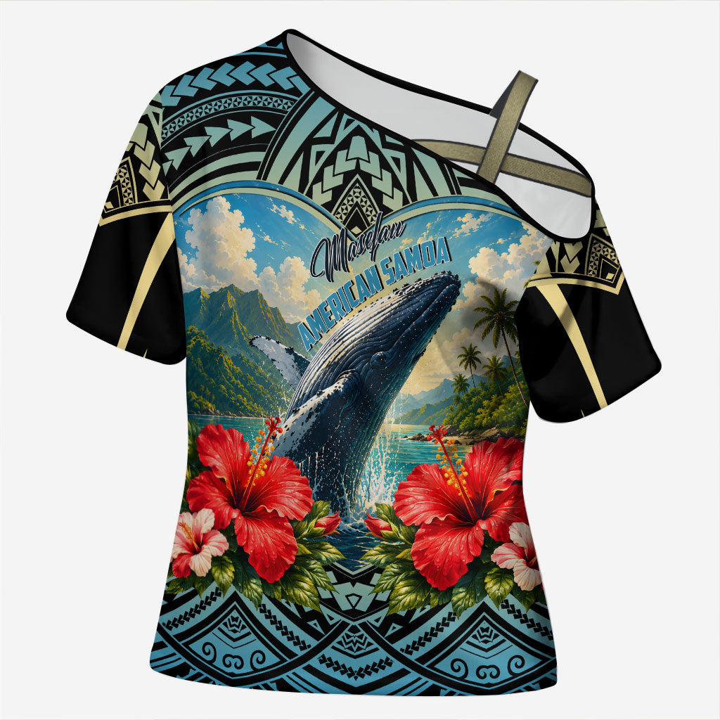 Personalized Masefau American Samoa Whale Cross Shoulder Shirt Polynesian Tribal Pattern Tropical Hibiscus TS04 Female Black Blue - Polynesian Pride