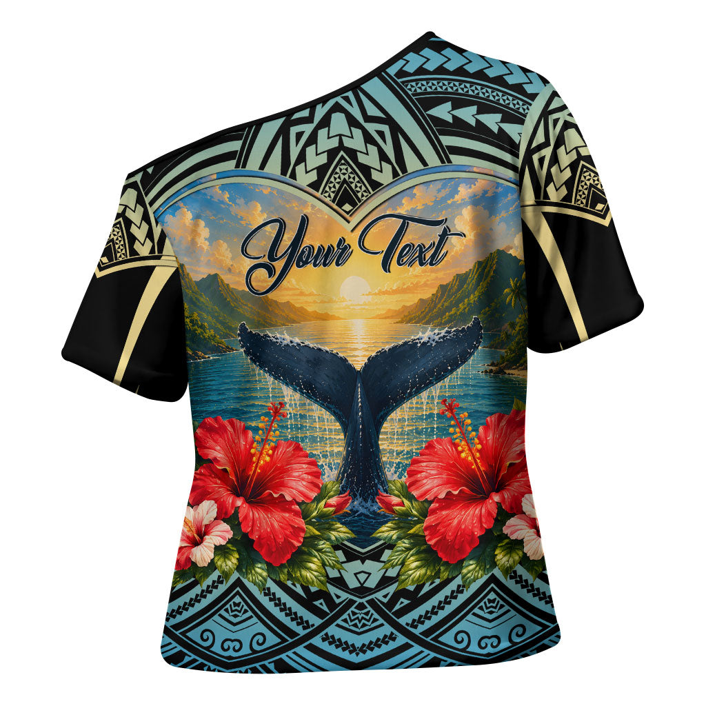 Personalized Masefau American Samoa Whale Cross Shoulder Shirt Polynesian Tribal Pattern Tropical Hibiscus TS04 - Polynesian Pride