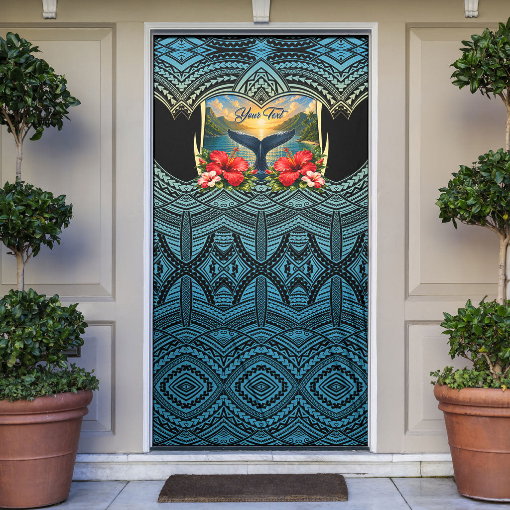Personalized Masefau American Samoa Whale Door Cover Polynesian Tribal Pattern Tropical Hibiscus TS04 Black Blue - Polynesian Pride