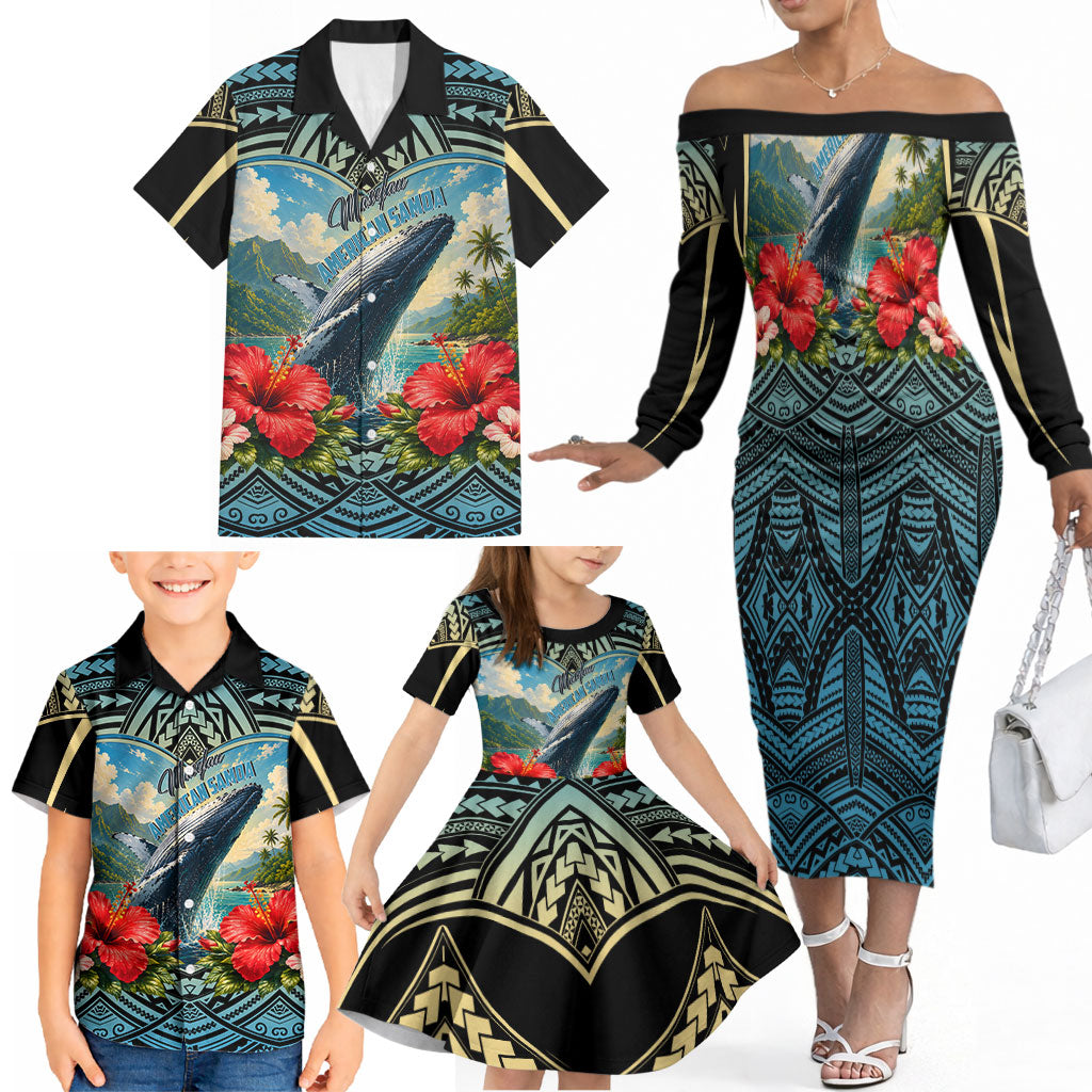 Personalized Masefau American Samoa Whale Family Matching Off The Shoulder Long Sleeve Dress and Hawaiian Shirt Polynesian Tribal Pattern Tropical Hibiscus TS04 - Polynesian Pride