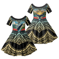 Personalized Masefau American Samoa Whale Family Matching Off The Shoulder Long Sleeve Dress and Hawaiian Shirt Polynesian Tribal Pattern Tropical Hibiscus TS04 Daughter's Dress Black Blue - Polynesian Pride