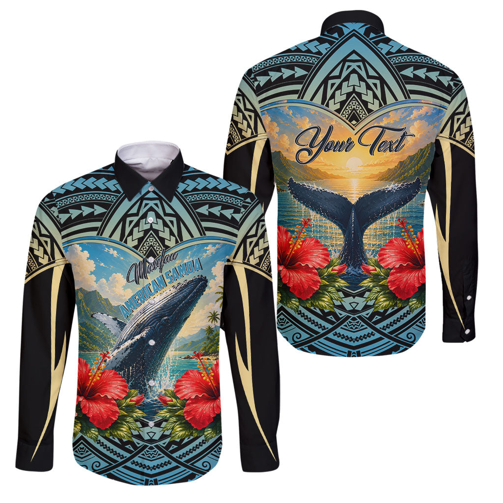 Personalized Masefau American Samoa Whale Family Matching Short Sleeve Bodycon Dress and Hawaiian Shirt Polynesian Tribal Pattern Tropical Hibiscus TS04 Dad's Shirt - Long Sleeve Black Blue - Polynesian Pride