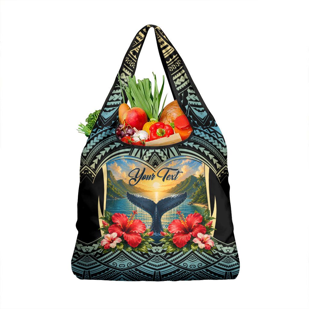 Personalized Masefau American Samoa Whale Grocery Bag Polynesian Tribal Pattern Tropical Hibiscus TS04 1-pack One Size Black Blue - Polynesian Pride