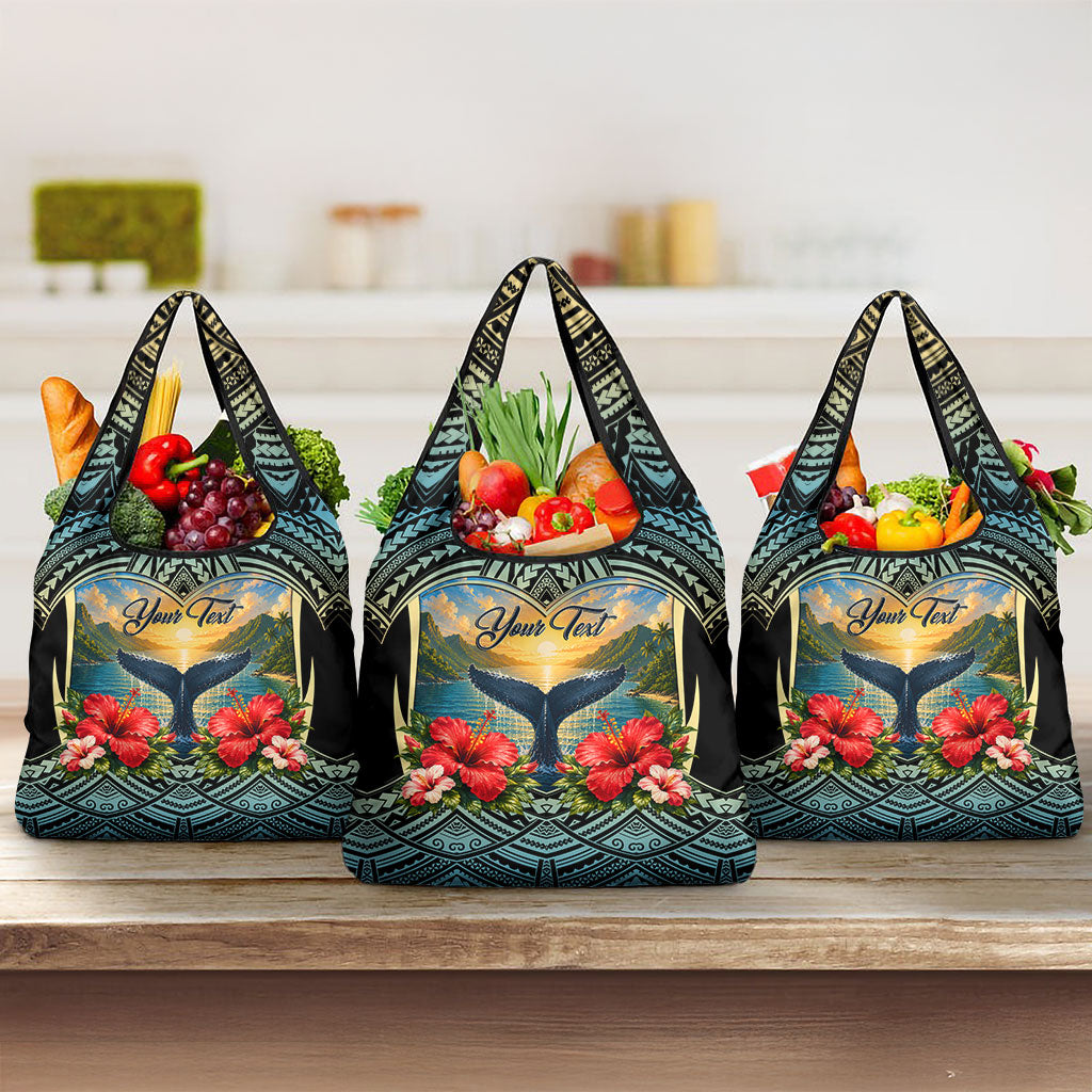 Personalized Masefau American Samoa Whale Grocery Bag Polynesian Tribal Pattern Tropical Hibiscus TS04 3-pack One Size Black Blue - Polynesian Pride