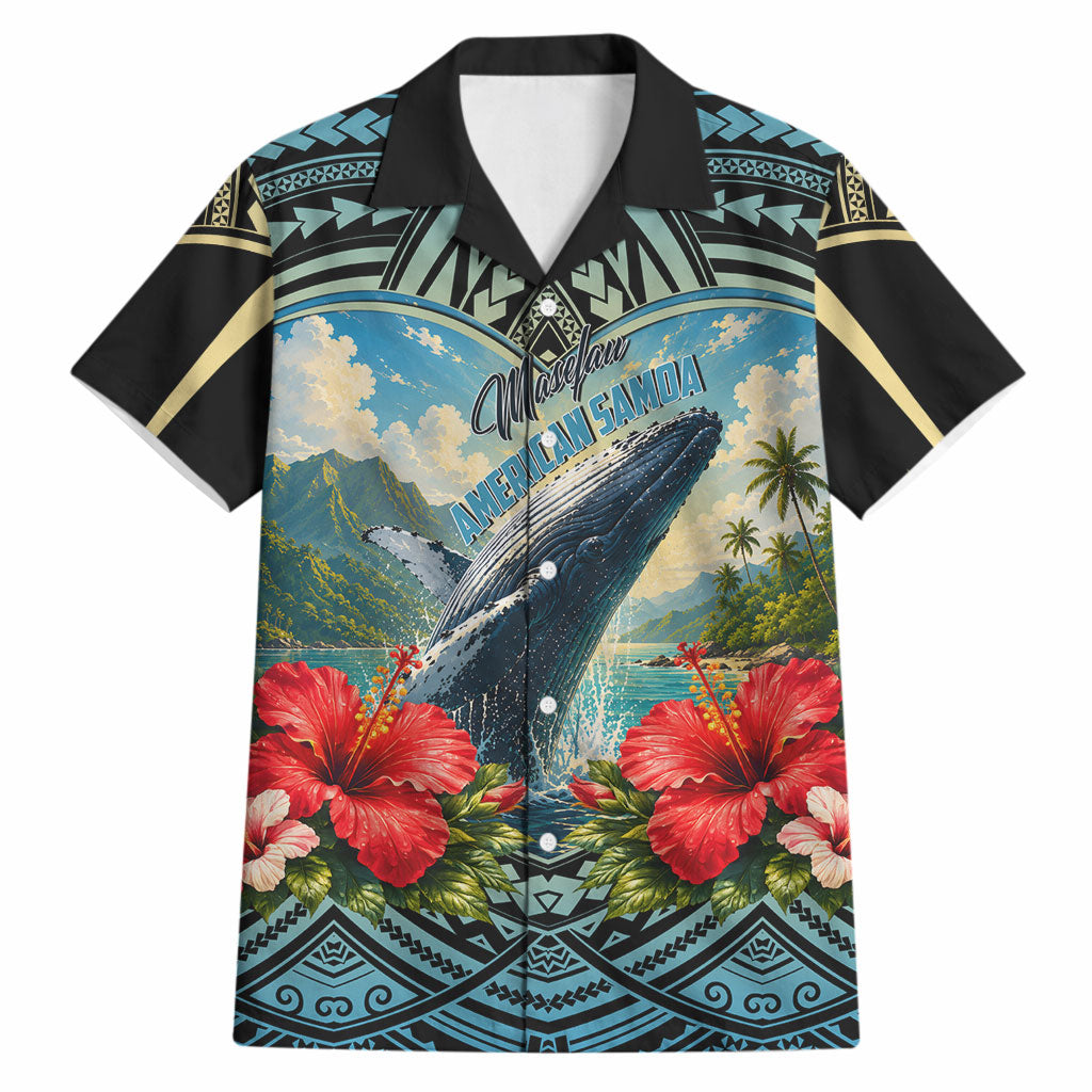 Personalized Masefau American Samoa Whale Hawaiian Shirt Polynesian Tribal Pattern Tropical Hibiscus TS04 Black Blue - Polynesian Pride