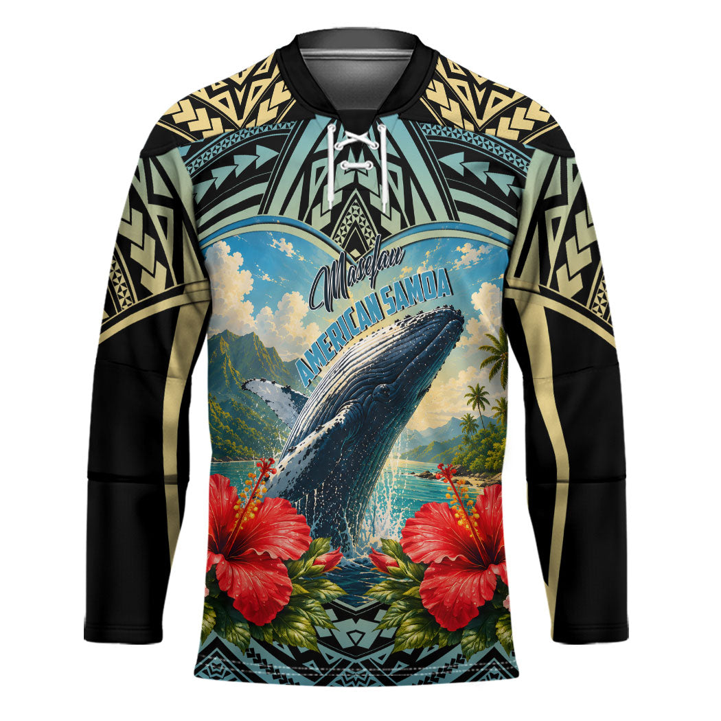 Personalized Masefau American Samoa Whale Hockey Jersey Polynesian Tribal Pattern Tropical Hibiscus TS04 Unisex Black Blue - Polynesian Pride