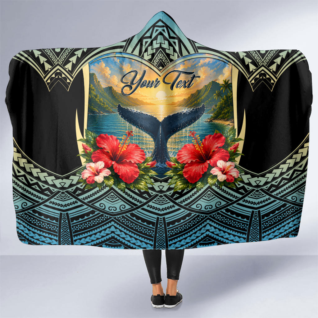 Personalized Masefau American Samoa Whale Hooded Blanket Polynesian Tribal Pattern Tropical Hibiscus TS04 One Size Black Blue - Polynesian Pride