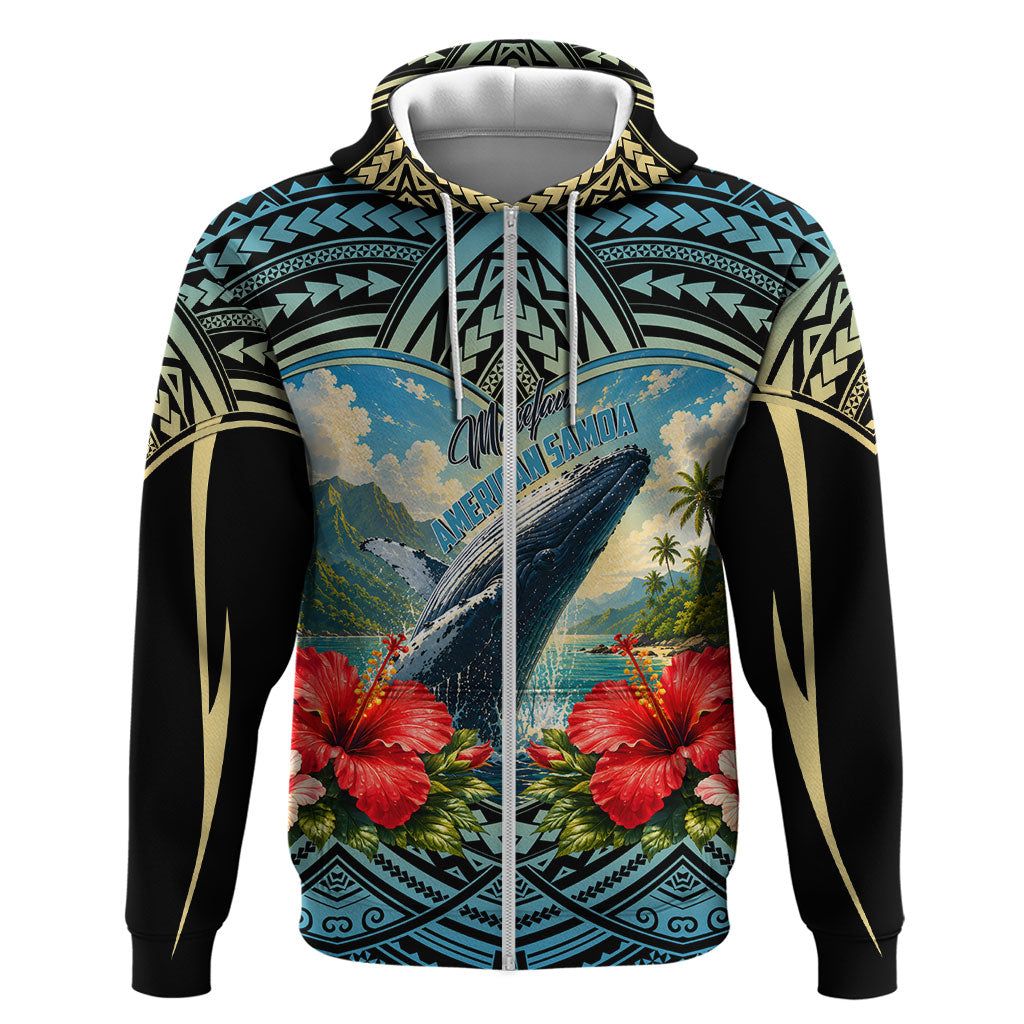 Personalized Masefau American Samoa Whale Hoodie Polynesian Tribal Pattern Tropical Hibiscus TS04 Zip Hoodie Black Blue - Polynesian Pride