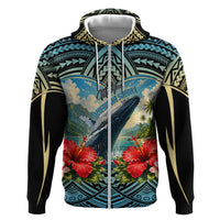 Personalized Masefau American Samoa Whale Hoodie Polynesian Tribal Pattern Tropical Hibiscus TS04 Zip Hoodie Black Blue - Polynesian Pride