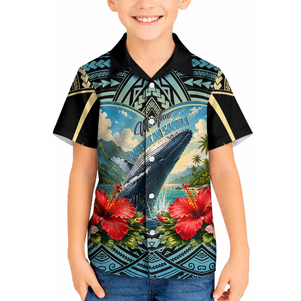 Personalized Masefau American Samoa Whale Kid Hawaiian Shirt Polynesian Tribal Pattern Tropical Hibiscus TS04 Kid Black Blue - Polynesian Pride