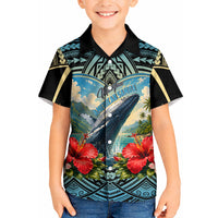 Personalized Masefau American Samoa Whale Kid Hawaiian Shirt Polynesian Tribal Pattern Tropical Hibiscus TS04 Kid Black Blue - Polynesian Pride