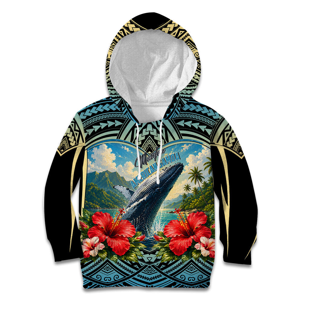 Personalized Masefau American Samoa Whale Kid Hoodie Polynesian Tribal Pattern Tropical Hibiscus TS04 Hoodie Black Blue - Polynesian Pride