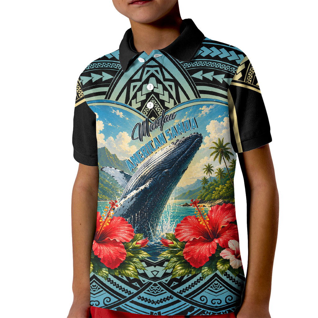 Personalized Masefau American Samoa Whale Kid Polo Shirt Polynesian Tribal Pattern Tropical Hibiscus TS04 Kid Black Blue - Polynesian Pride