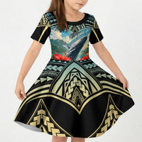 Personalized Masefau American Samoa Whale Kid Short Sleeve Dress Polynesian Tribal Pattern Tropical Hibiscus TS04 KID Black Blue - Polynesian Pride