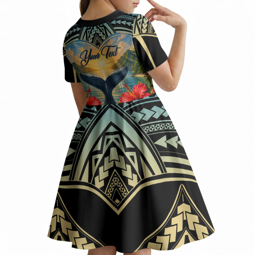 Personalized Masefau American Samoa Whale Kid Short Sleeve Dress Polynesian Tribal Pattern Tropical Hibiscus TS04 - Polynesian Pride