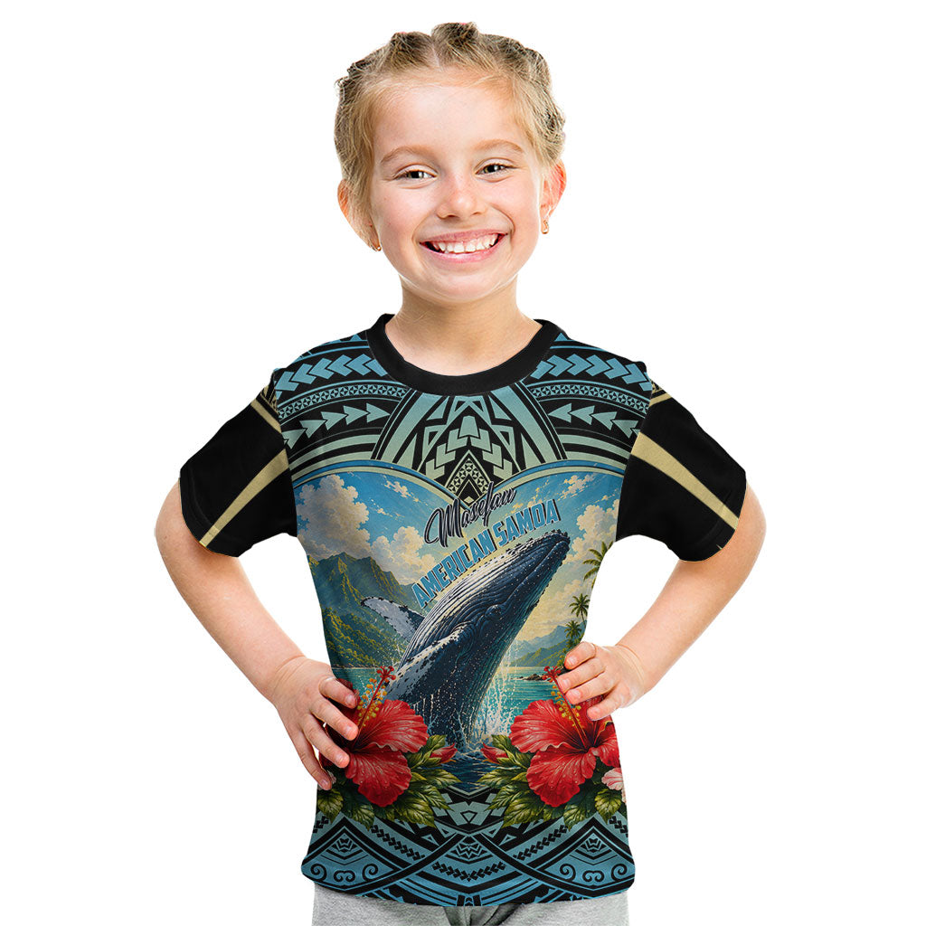 Personalized Masefau American Samoa Whale Kid T Shirt Polynesian Tribal Pattern Tropical Hibiscus TS04 Black Blue - Polynesian Pride