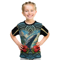 Personalized Masefau American Samoa Whale Kid T Shirt Polynesian Tribal Pattern Tropical Hibiscus TS04 Black Blue - Polynesian Pride