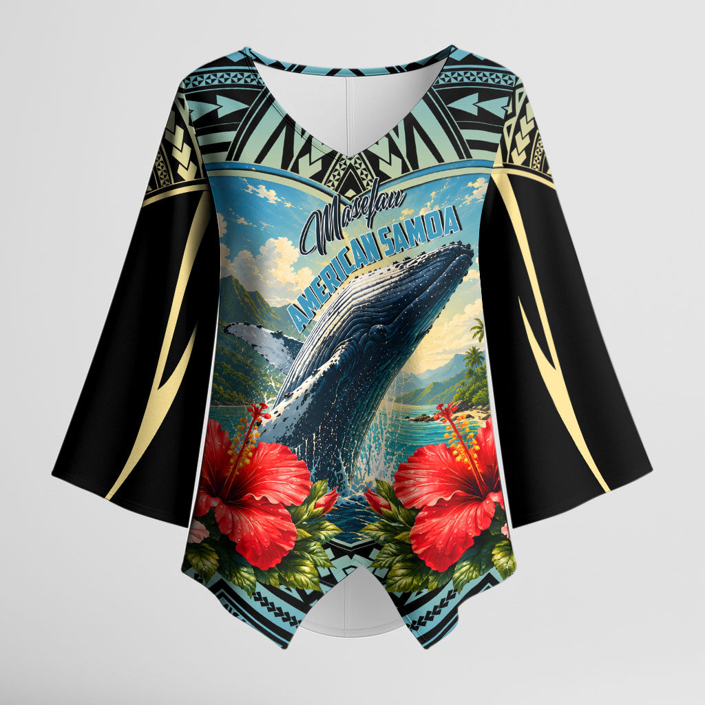 Personalized Masefau American Samoa Whale Kimono Sleeve Blouse Polynesian Tribal Pattern Tropical Hibiscus TS04 Female Black Blue - Polynesian Pride
