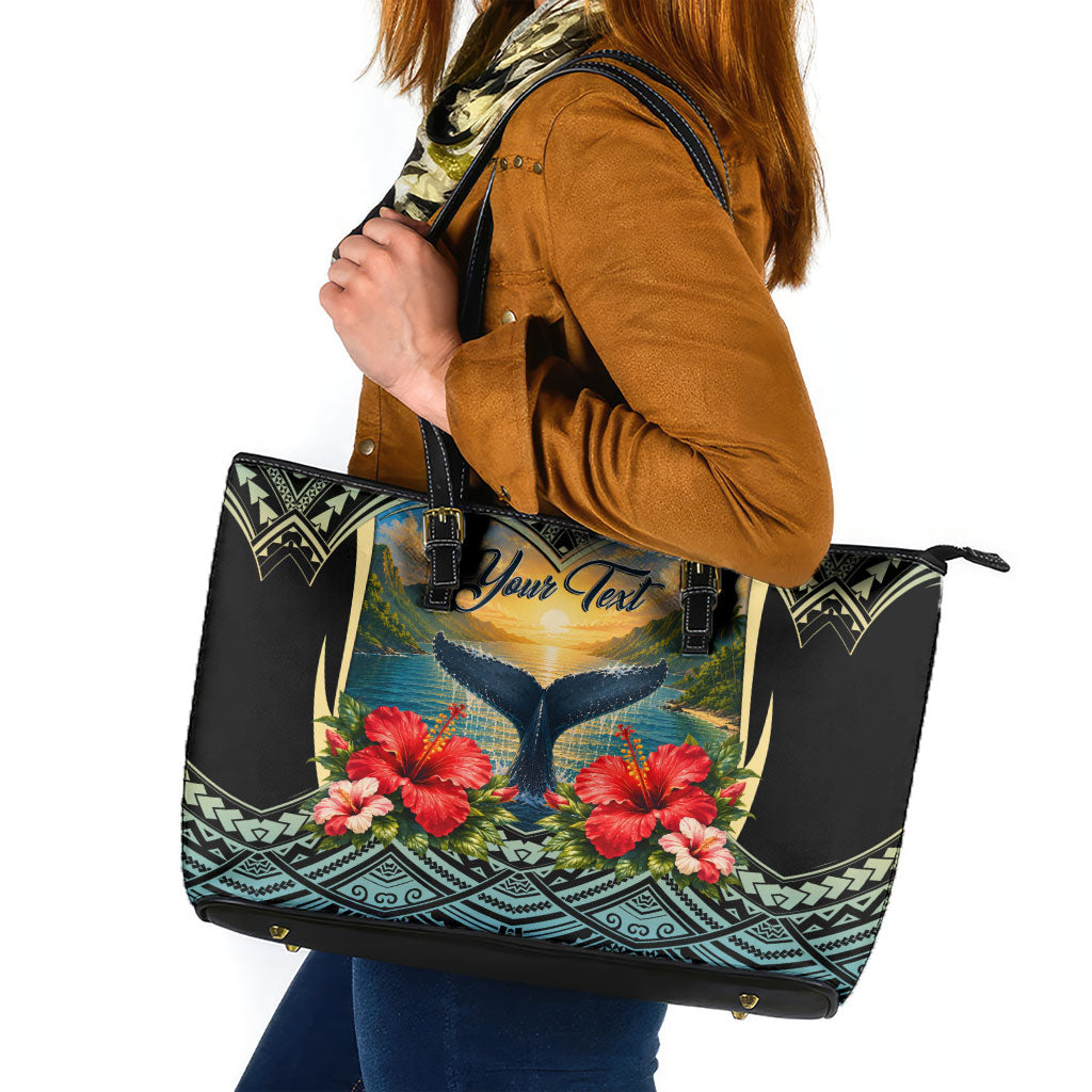 Personalized Masefau American Samoa Whale Leather Tote Bag Polynesian Tribal Pattern Tropical Hibiscus TS04 Black Blue - Polynesian Pride
