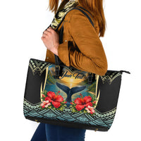 Personalized Masefau American Samoa Whale Leather Tote Bag Polynesian Tribal Pattern Tropical Hibiscus TS04 Black Blue - Polynesian Pride
