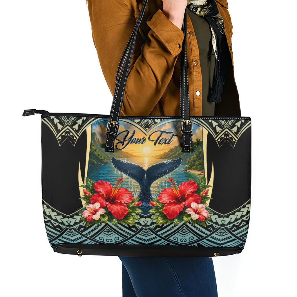 Personalized Masefau American Samoa Whale Leather Tote Bag Polynesian Tribal Pattern Tropical Hibiscus TS04 - Polynesian Pride